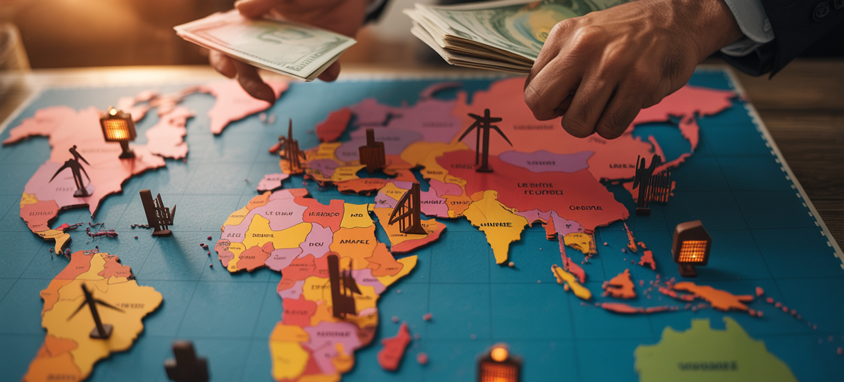 Carte illustrant la corruption détournant les fonds climatiques dans les pays vulnérables d'Afrique, d'Asie et d'Amérique du Sud, freinant la transition énergétique