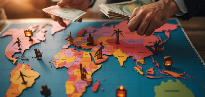 Carte illustrant la corruption détournant les fonds climatiques dans les pays vulnérables d'Afrique, d'Asie et d'Amérique du Sud, freinant la transition énergétique
