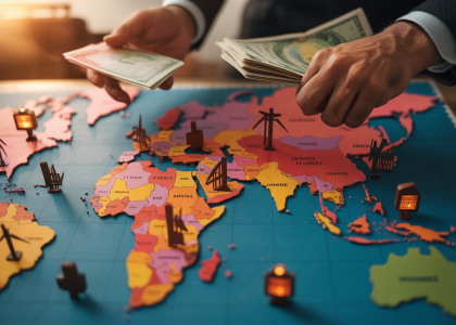 Carte illustrant la corruption détournant les fonds climatiques dans les pays vulnérables d'Afrique, d'Asie et d'Amérique du Sud, freinant la transition énergétique