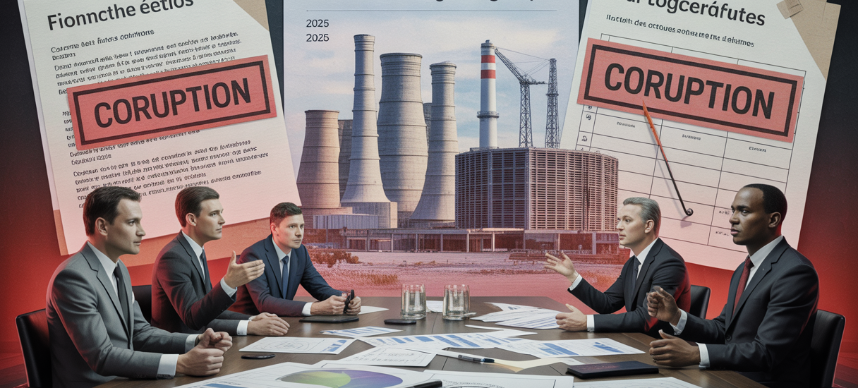 Illustration symbolique d’un secteur énergétique en crise en 2025 avec des documents officiels estampillés corruption et des silhouettes d’hommes d’affaires en conflit d’intérêts