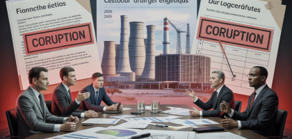 Illustration symbolique d’un secteur énergétique en crise en 2025 avec des documents officiels estampillés corruption et des silhouettes d’hommes d’affaires en conflit d’intérêts