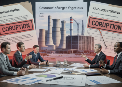 Illustration symbolique d’un secteur énergétique en crise en 2025 avec des documents officiels estampillés corruption et des silhouettes d’hommes d’affaires en conflit d’intérêts
