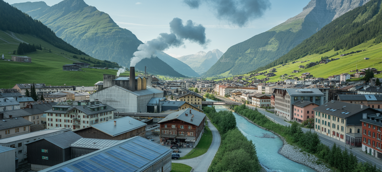 Vue panoramique d'une vallée industrielle en Savoie avec montagnes en arrière-plan, symbolisant l'impact environnemental et les initiatives durables locales