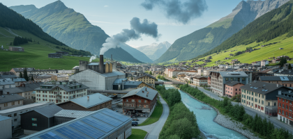 Vue panoramique d'une vallée industrielle en Savoie avec montagnes en arrière-plan, symbolisant l'impact environnemental et les initiatives durables locales