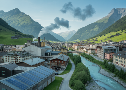 Vue panoramique d'une vallée industrielle en Savoie avec montagnes en arrière-plan, symbolisant l'impact environnemental et les initiatives durables locales