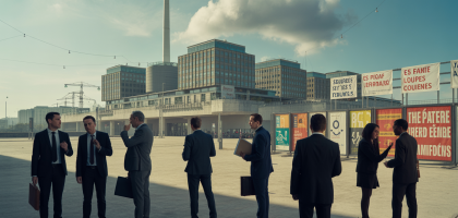 Illustration d'un secteur énergétique français en crise en 2025, avec des symboles de corruption et conflits d'intérêts fragilisant la confiance publique