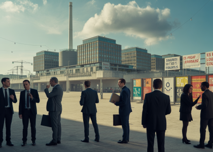 Illustration d'un secteur énergétique français en crise en 2025, avec des symboles de corruption et conflits d'intérêts fragilisant la confiance publique